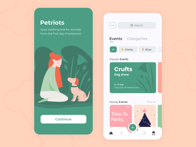 Petriots - Mobile app concept nature events cards lovely pets charity app graph figma sketch ux ui dog girl pallete illustration color concept debut arounda